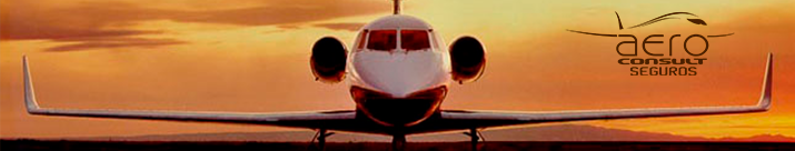 Aeronave executiva vista de frente ao entardecer, com asas alinhadas horizontalmente e céu alaranjado ao fundo. No canto superior direito, logotipo da Aero Consult Seguros com silhueta de avião estilizada.